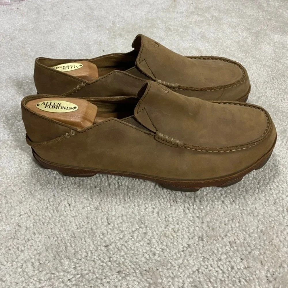 OluKai Moloa Shoes Mens 8 Leather Loafers Ray Toffee Slip On Driver Slipper
